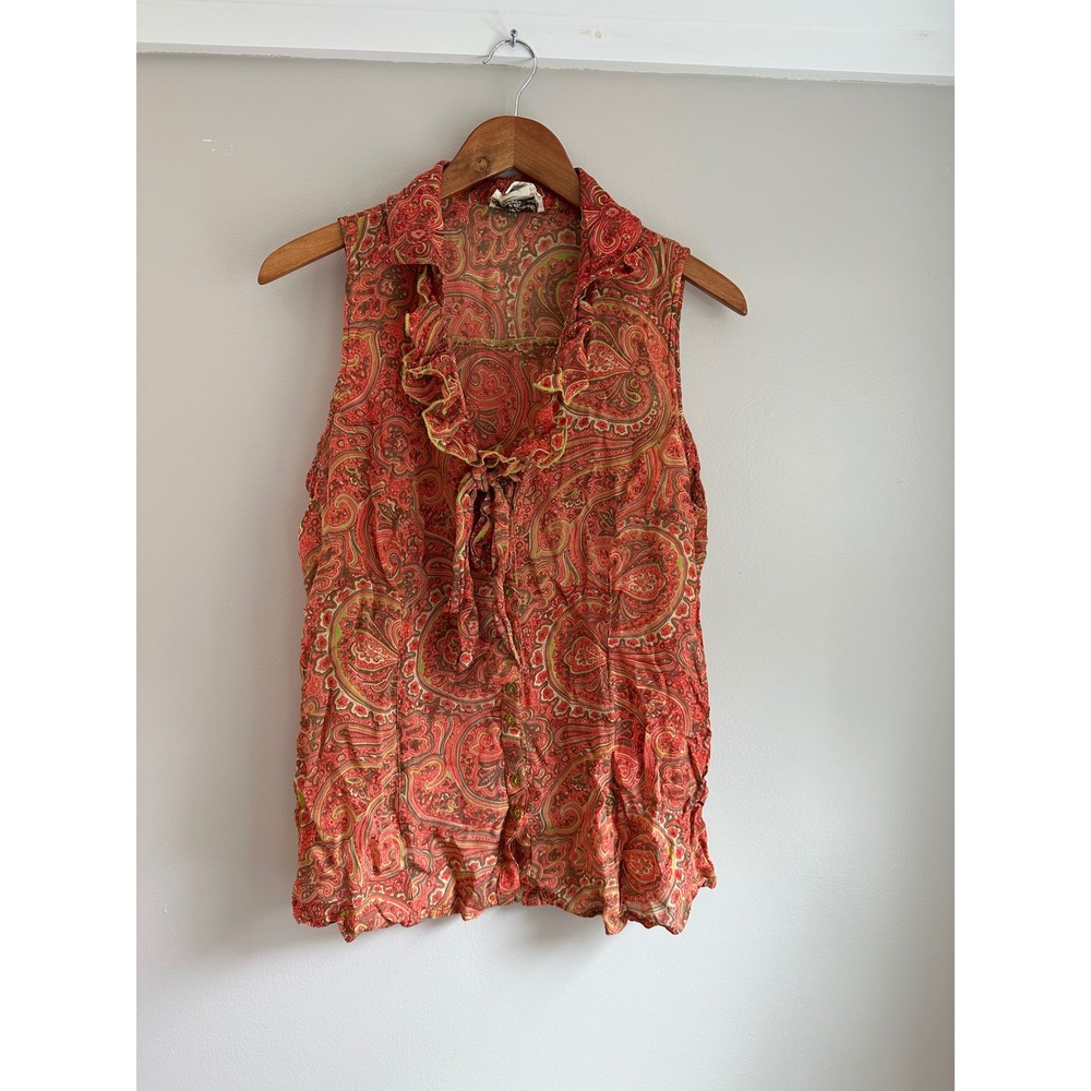 April Cornell Blouse Women XL Red Paisley EUC Ruffle Sleeveless Rayon Boho Top